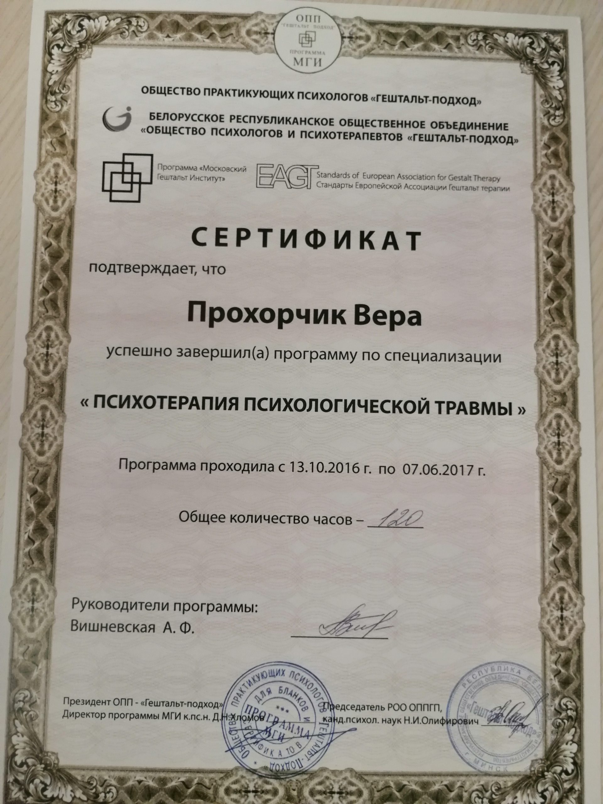 Психотерапия психологической травмы
Выдан: Московский Гештальт Институт